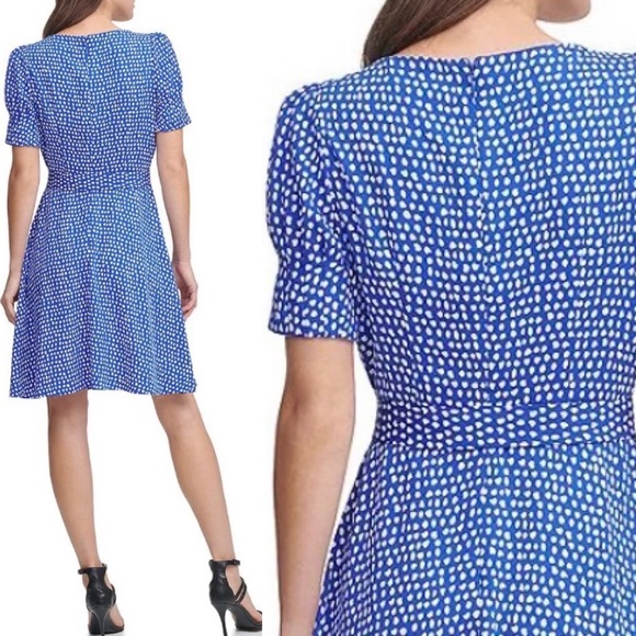 NEW DKNY Petite Size 2 2P Iris Dot Print Short
Puff Sleeve Neck Tie
Waist Dress - Picture 3 of 7